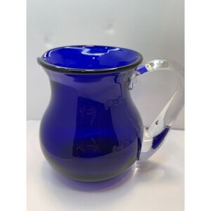 Hand-Blown Cobalt Blue Art Glass Small Pitcher Clear Handle 5.5" tall
